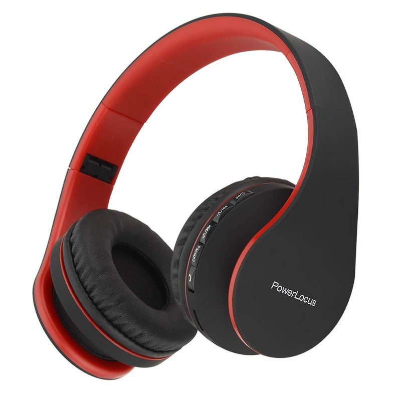 PowerLocus Wireless Bluetooth Over-Ear Stereo Foldable Headphones, Wired Headsets Rechargeable with Built-in Microphone for iPhone, Samsung, LG, iPad (Black/Red) - Image 1